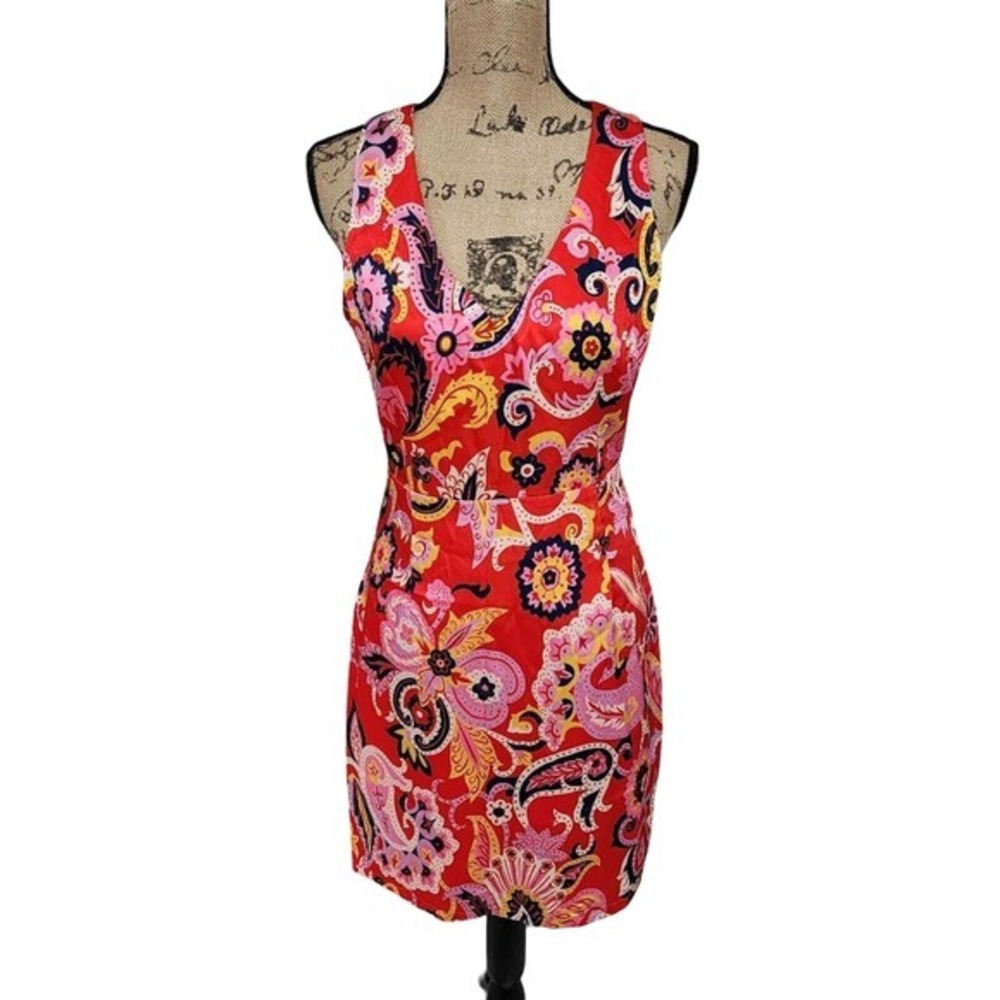 Julie Brown NYC Red Paisley Floral V-Neck Sleeveless Sheath Dress Size 4 NWT